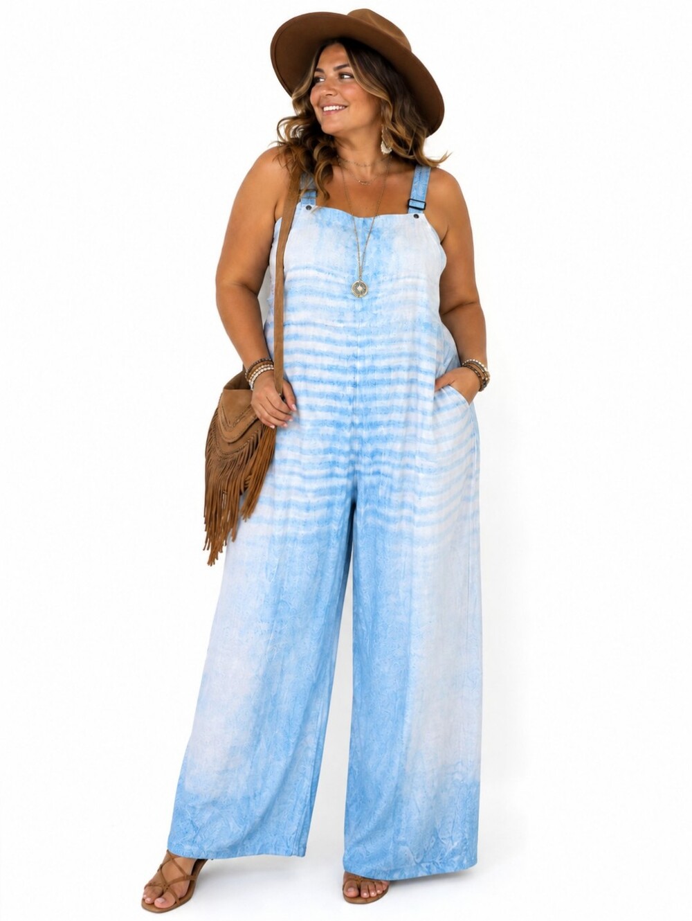 Hayrby 5XL Blue Ombre Wide Leg Overall Jumpsuit Boho Pockets Plus Size